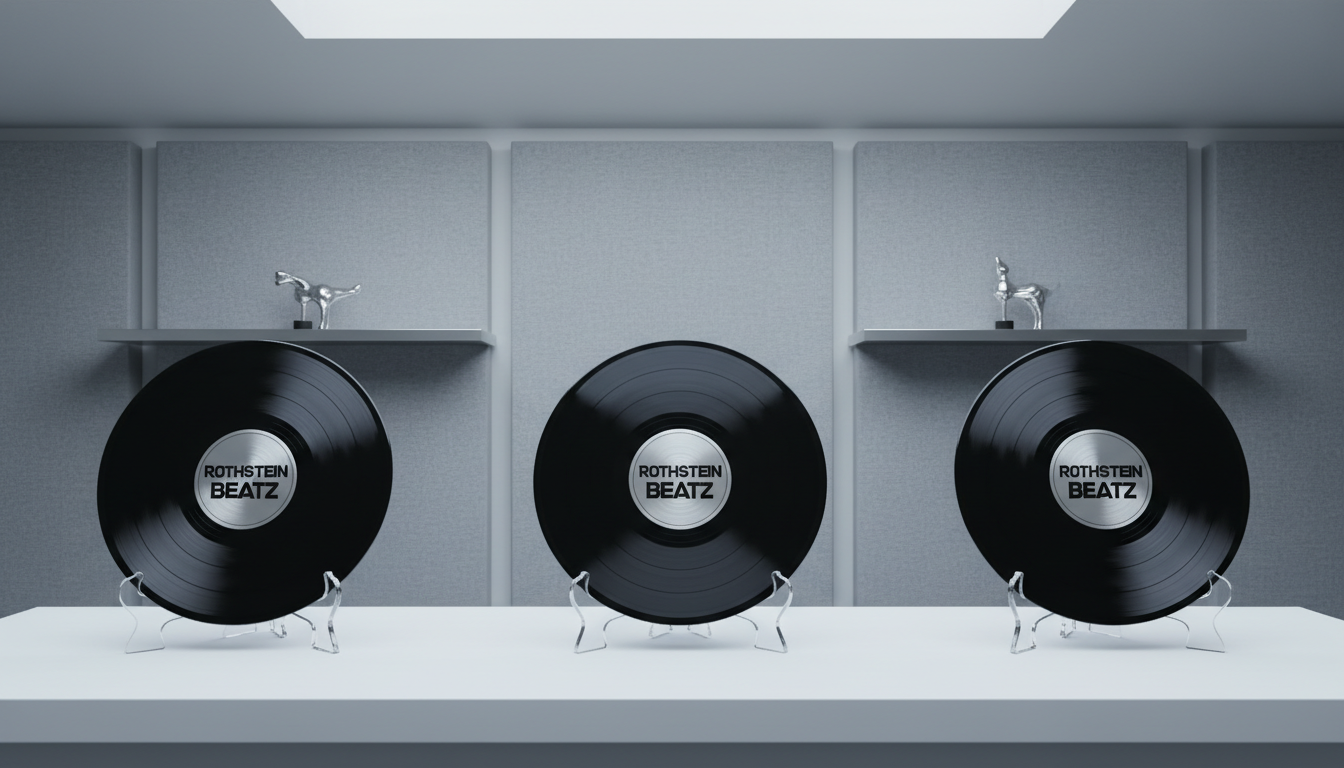 A premium hip hop beat package display featuring three distinctive black vinyl records with silver-embossed Rothstein Beatz labels, each resting vertically on a custom acrylic stand atop a pristine matte white counter. The setting is a bright, neutrally colored showroom with minimalist design elements—a backdrop of soft grey acoustic panels and floating metallic shelves. Cool, diffused daylight from a skylight washes the entire scene in soft illumination, producing gentle shadows and highlighting the textures of vinyl and acrylic. The mood is clean, sophisticated, and inviting, shot from a forward angle that cleverly uses the rule of thirds to draw the eye to the product, emphasizing photographic clarity and a structured, aspirational aesthetic.