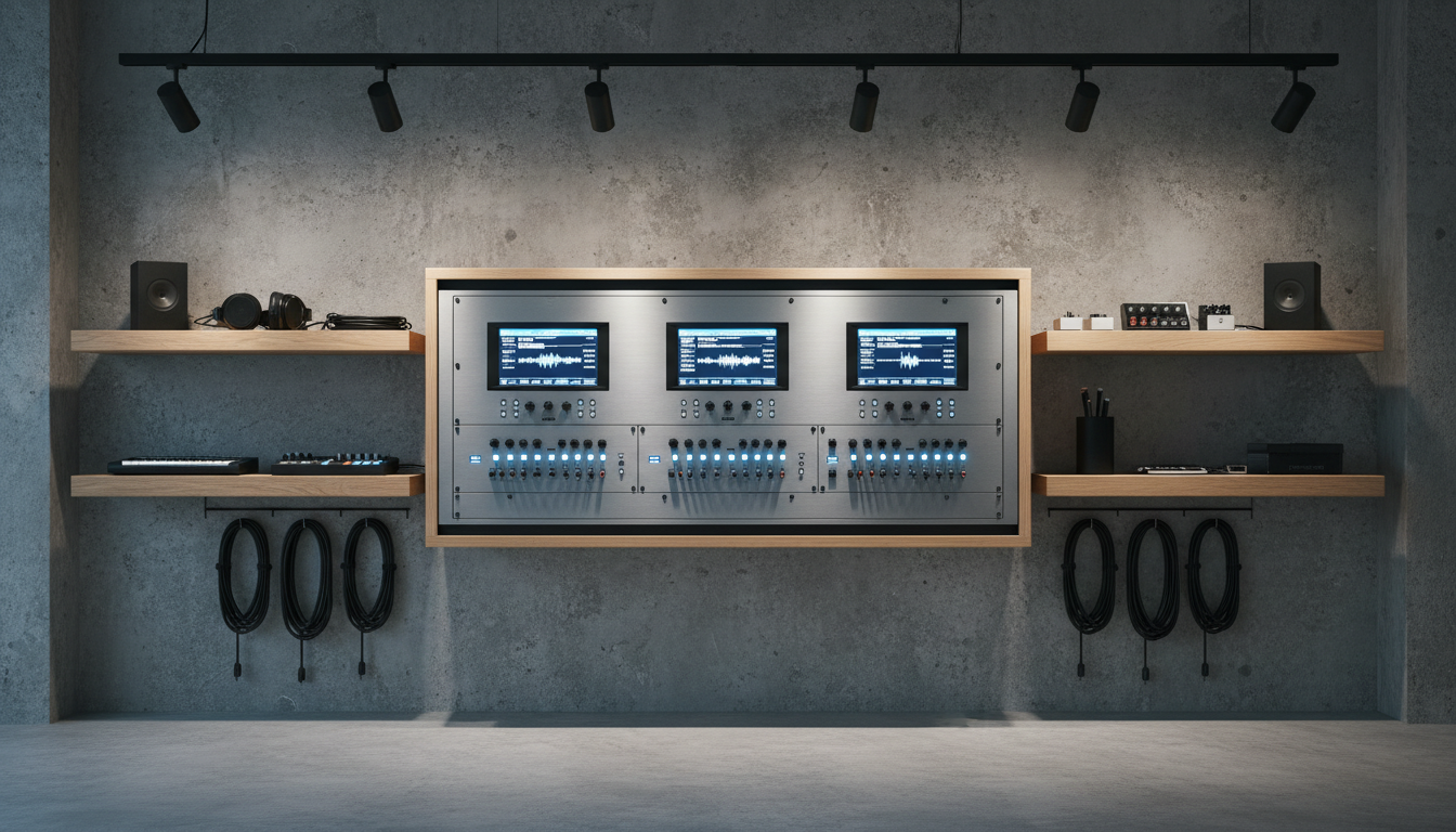 An immaculate rack-mounted hardware synthesizer with gunmetal grey panels and illuminated LCD screens, anchored against a textured concrete wall backdrop. The surrounding space is organized with custom shelving, housing cables and beat-making tools in minimalist carriers. Halogen track lighting above casts an even, cool-toned brilliance, accentuating the synthesizer’s polished surfaces and the sleek arrangement of controls. The atmosphere is balanced and calm, exuding high-end efficiency and order. Framed using an eye-level, symmetrical composition with clear lines and balanced spacing, suited to the refined, professional tone of a modern producer-oriented storefront.